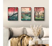Conjunto de 3 láminas japonesas (póster sobre papel, 40x30 cm, sin marco): ando hiroshige, paisajes y árboles en flor