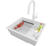 Primagran fregadero bajo encimera todo blanco 56x47cm, fregadero granito 1 seno + sifón + accesorios, fregadero cocina al mueble 60cm - prague