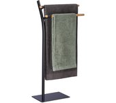 Relaxdays portatoallas de pie metálico con madera, autónomo, 2 barras, 88 x 46,5 x 20 cm, sin taladrar, negro y natural