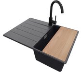 Primagran fregadero granito grafito 70x50cm, fregadero cocina 1 seno + sifón + accesorios, fregadero sobre encimera al mueble 40cm - copenhague