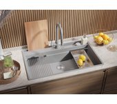 Primagran fregadero cocina gris 88x53cm, fregadero granito 1 seno + sifón + accesorios, fregadero sobre encimera al mueble 90cm - oslo pocket