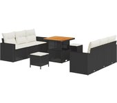 Conjunto de sofá de jardín de 9 piezas con cojines negro poliratán acacia, conjunto de comedor de jardín de 3 piezas con cojines negro poliratán acaci