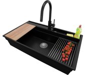 Primagran fregadero granito negro 88x53cm, fregadero cocina 1 seno + sifón + accesorios, fregadero sobre encimera al mueble 90cm - oslo pocket