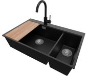 Primagran fregadero granito negro metallic 78x50cm, fregadero cocina 2 senos + sifón + accesorios, fregadero sobre encimera al mueble 80cm - oslo duo