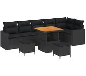 Conjunto de sofá de jardín de 9 piezas con cojines negro poliratán acacia, conjunto de comedor de jardín de 3 piezas con cojines negro poliratán acaci