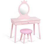 Tocador escritorio para niños de 3 a 8 años con cajón con espejo y taburete de mdf rosa 20_0000475