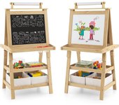 Caballete para niños de doble cara, pizarra infantil de madera, tabla de dibujo magnético con rollo de papel, cajas de almacenamiento (natural)