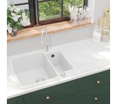Vidaxl fregadero de cocina con dos senos de granito blanco