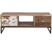 Womo-design mesa de salón taipei con 2 cajones, 110x50x40cm madera maciza de acacia y madera de umbral patas de metal mesita soporte consola tv auxili