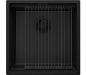Primagran fregadero cocina todo negro 46x47cm, fregadero granito 1 seno + sifón + accesorios, fregadero sobre encimera al mueble 50cm - prague slim