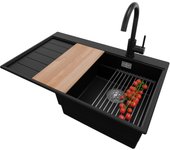 Primagran fregadero granito negro 78x50cm, fregadero cocina 1 seno + sifón + accesorios, fregadero sobre encimera al mueble 45cm - sydney