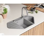 Primagran fregadero de esquina gris 90x50cm, fregadero granito 1,5 senos + sifón, fregadero sobre encimera al mueble 80cm - copenhague corner