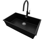 Primagran fregadero granito negro 76x47cm, fregadero cocina 1 seno + grifo 40x22cm + sifón, fregadero sobre encimera al mueble 80cm - london slim
