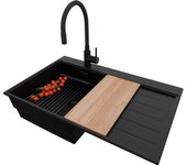 Primagran fregadero granito todo negro 78x50cm, fregadero cocina 1 seno + sifón + accesorios, fregadero sobre encimera al mueble 45cm - sydney
