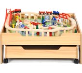 Juego de ferrocarril con vehículos, circuito de tren infantil de madera, mesa de actividad con almacenamiento con ruedas, pistas, trenes, 63x78x33cm