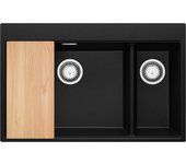 Primagran fregadero cocina negro metallic 78x50cm, fregadero granito 2 senos + sifón + accesorios, fregadero sobre encimera al mueble 80cm - oslo duo