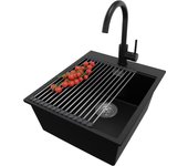 Primagran fregadero granito negro 43x50cm, fregadero cocina 1 seno + sifón + accesorios, fregadero sobre encimera al mueble 45cm - oslo
