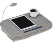 Relaxdays soporte ordenador portátil con cojín, luz led, mesa cama con posavasos, bandeja blanda para el regazo, gris