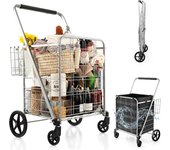 Carro de la compra plegable 126l, portátil grande con ruedas universales y 2 cestas, bolsa impermeable extraíble, carga máxima 150kg, plateado
