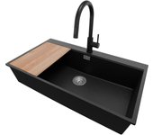 Primagran fregadero granito negro metallic 88x50cm, fregadero cocina 1 seno + sifón + accesorios, fregadero sobre encimera al mueble 90cm - oslo