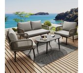 Conjunto de sillones de jardín, conjunto de muebles de jardín con cómodos cojines, sofá de 2 plazas, 2 sillones y mesa de centro, color gris