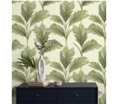 Papel pintado hojas de palma tropical color verde sobre fondo beige claro mate - areca 683588 de gaulan - rollo de 10 m x 0,53 m