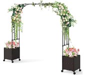 202 cm arco de jardín, enrejado de arco para exterior con 2 jardineras, sistema de auto-riego, ruedas con cierre, estructura de metal, pérgola decorat