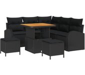 Conjunto de sofá de jardín de 8 piezas con cojines negro poliratán acacia, sofá de jardín de 2 plazas con cojines negro poliratán, conjunto de comedor