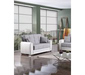 Sofá cama con península pablito, sofá con almacenaje reversible en ecopiel y tela, sofá con apertura click-clack, 163x84h91 cm, blanco y gris