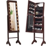 Espejo joyero de pie con luces led, cerradura, 4 estantes de almacenamiento para cosmético y espejo de longitud completa, 35×32×145 cm, marrón