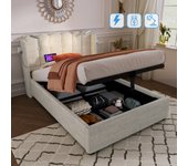 Cama individual tapizada 90x200, lámpara de lectura con función recargable, espacio de almacenamiento, material de lino (sin colchón)