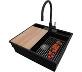 Primagran fregadero granito negro 58x53cm, fregadero cocina 1 seno + sifón + accesorios, fregadero sobre encimera al mueble 60cm - new york