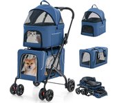Coche de paseo de 2 niveles para mascotas, coche 3 en 1 plegable con 2 compartimentos desmontables, ruedas con frenos, cojines desmontables (azul)