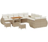 Conjunto de sofá de jardín de 13 piezas con cojines beiges de ratán poliéster acacia, conjunto de comedor de jardín de 3 piezas con cojines beiges de