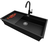 Primagran fregadero granito negro metallic 86x47cm, fregadero cocina 1 seno + sifón + accesorios, fregadero sobre encimera al mueble 90cm