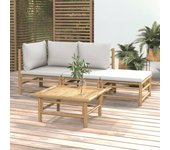 Salón de jardín de 4 piezas con cojines gris claro de bambú