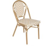 Silla de jardín estilo bistró parisino en aluminio y ratán beige.