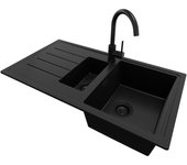 Primagran fregadero granito todo negro 90x50cm, fregadero cocina 1,5 senos + sifón + accesorios, fregadero sobre encimera al mueble 60cm