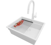 Primagran fregadero granito todo blanco 56x47cm, fregadero cocina 1 seno + sifón + accesorios, fregadero sobre encimera al mueble 60cm - prague slim