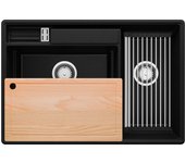 Primagran fregadero cocina negro metallic 78x53cm, fregadero granito 2 senos + sifón + accesorios, fregadero sobre encimera al mueble 80cm - paris