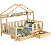 Cama infantil casa 90x200cm - madera de pino con cajones y somier, para niños y jóvenes, natural, sin colchón