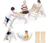 7 en 1 triángulo arco montessori, arco de escalada infantil con tobogán de madera, rampa ajustable, carga 50 kg, para niños de 1 año+(gris natural)