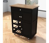 Carrito de cocina con ruedas, carrito de servicio con 1 cajón, 2 armarios y estante para vino, carrito de madera, ruedas de goma, estilo rústico