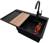 Primagran fregadero granito todo negro 78x50cm, fregadero cocina 1 seno + sifón + accesorios, fregadero sobre encimera al mueble 45cm - sydney