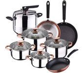 San ignacio batería de cocina 8 piezas moma con olla a presión 7l con set de 3 sartenes en acero apta inducción