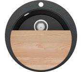Primagran fregadero cocina circular grafito 53x53cm, fregadero granito 1 seno + sifón + accesorios, fregadero sobre encimera al mueble 50cm