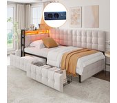 Cama tapizada 90x200 cm con 2 cajones y espacio de almacenaje, sofá cama - leds, tomas usb y tipo c - terciopelo - beige (sin colchón)