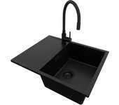 Primagran fregadero granito todo negro 62x50cm, fregadero cocina 1 seno + grifo 40x13cm + sifón, fregadero sobre encimera al mueble 45cm - ibiza
