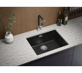 Primagran fregadero bajo encimera negro 56x47cm, fregadero cocina 1 seno + sifón, fregadero granito al mueble 60cm - london