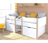 Cama alta sissy - 2 cajones - 90 x 190 cm - blanco y roble + colchón